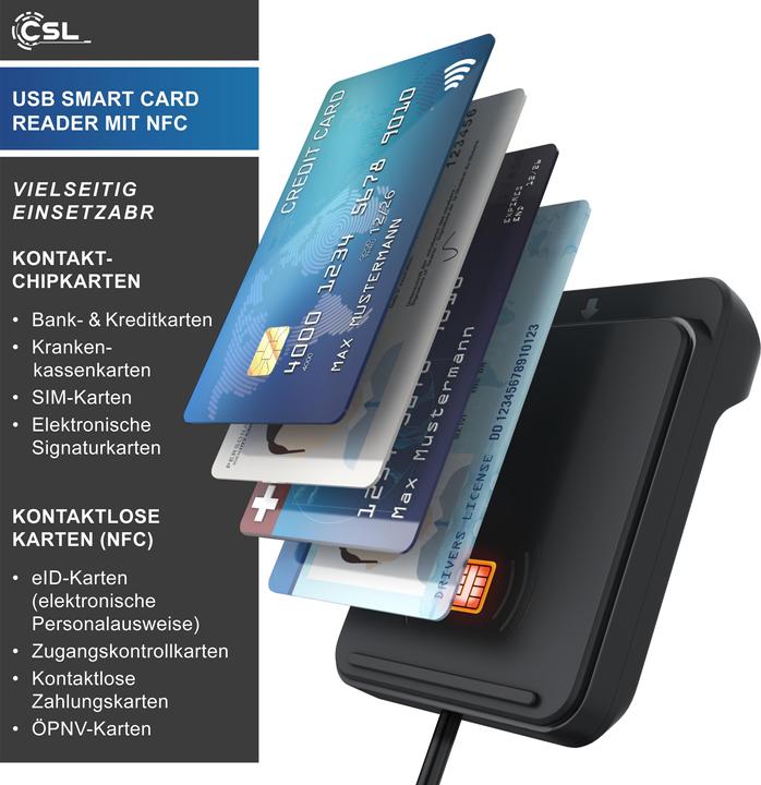 Image du produit CSL Lecteur de carte à puce USB, NFC, ISO 7816/14443, compatible avec Mac OS X & Windows 11, pour carte (USB)