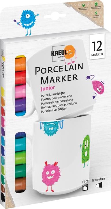 Actual product image Kreul Porzellanmarker "PorcelainPEN easy" Set (Rose, Brown, Black, Orange, Cream, Yellow, Grey, Violet, Dark Blue, Dark green, Light blue, Cherry red, 3 mm, 12 x)