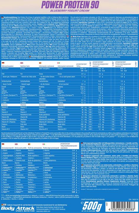 Nährwerte und Zutaten Body Attack New Power Protein 90 (500g Beutel) (Erdbeere, Weisse Schokolade, 1 Stk., 500 g)