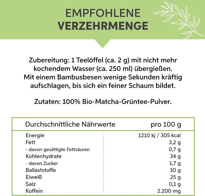 Valori nutrizionali e ingredienti Eltabia Polvere di Matcha (1 Pezzo/i, Polvere, 100 g)