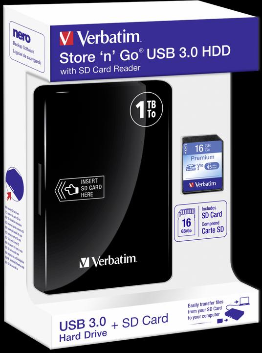 Produktbild Verbatim Speichern Sie n Go USB 3.0 1TB + Leser + SD-Karte 16GB (1 TB)