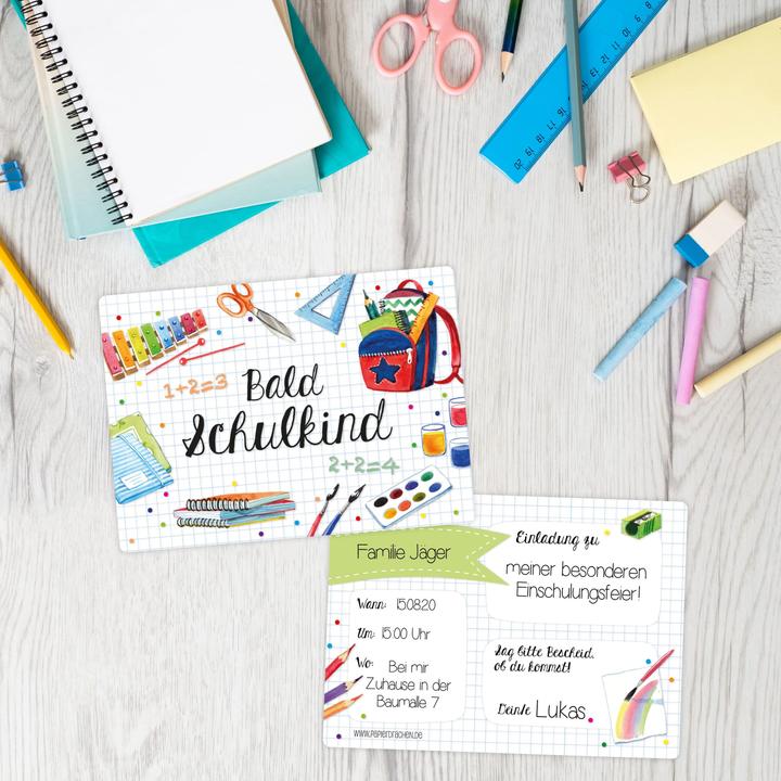 Produktbild Papierdrachen Einschulung Einladungskarten Set 6 Wasserfarben