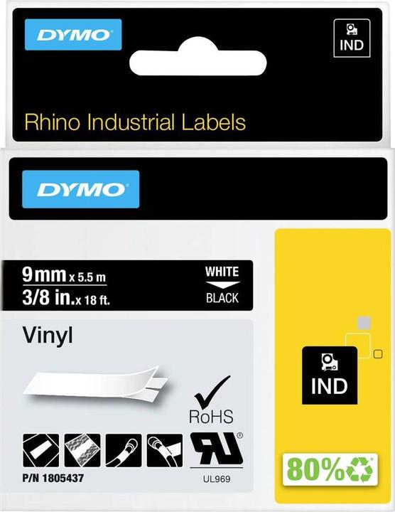 Energie-Label Dymo Rhino 9mm weiß auf schwarz Vinyl (0.90 cm, Schwarz)