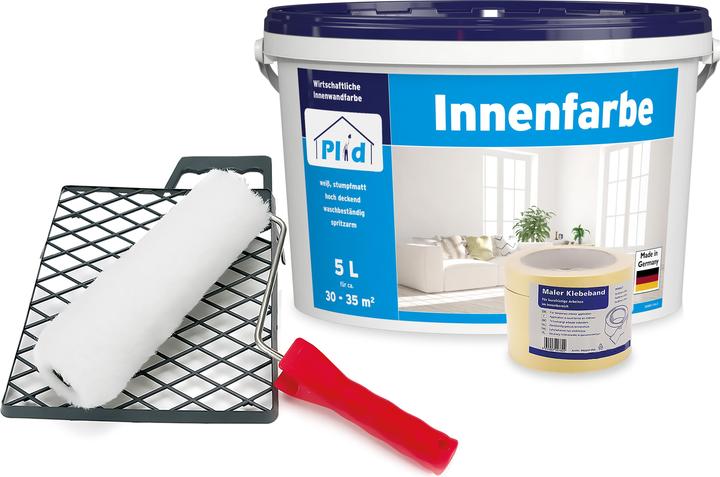 Plid Interior paint set 5L white matt for approx. 30m² / wall paint ceiling paint house paint (White, 5 l)