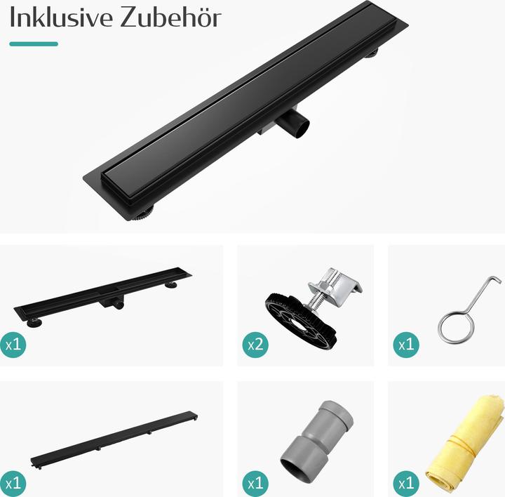 Produktbild Emke Duschrinne Edelstahl, Bodenablauf Komplettset Siphon mit Geruchsstop, Haarsieb, 600cm, Schwarz (600 mm)