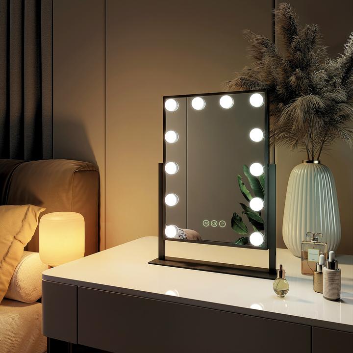 Produktbild Emke Hollywood Kosmetikspiegel mit 12 Lampen, 1X+7X Vergrösserung, 3 Farbtemperatur, 36*47cm, Schwarz