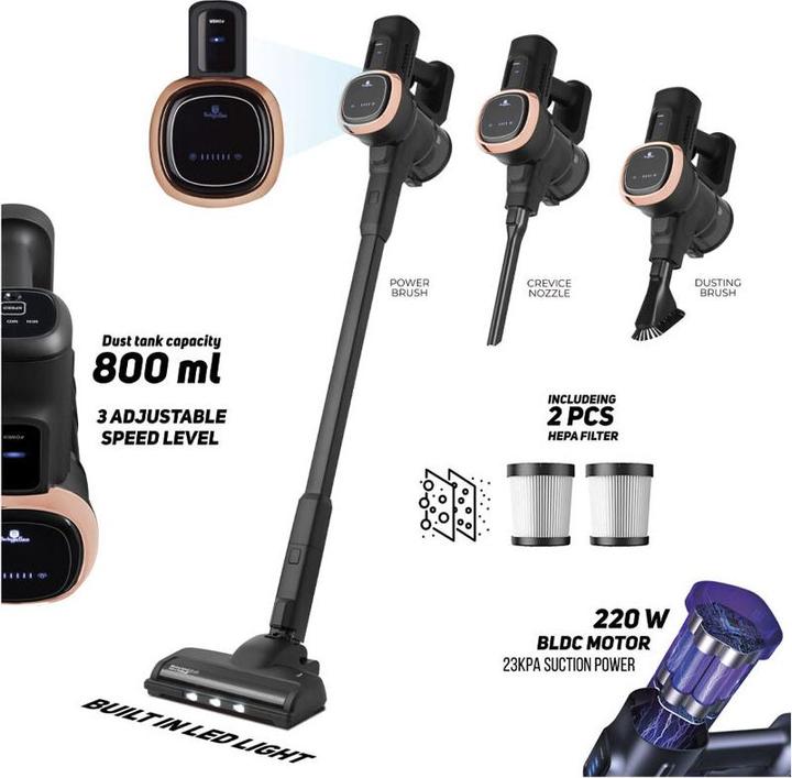 Actual product image BerlingerHaus Design cordless hoover, 220 W BLDC motor, 25.9 V Li-ION battery, black-pink gold