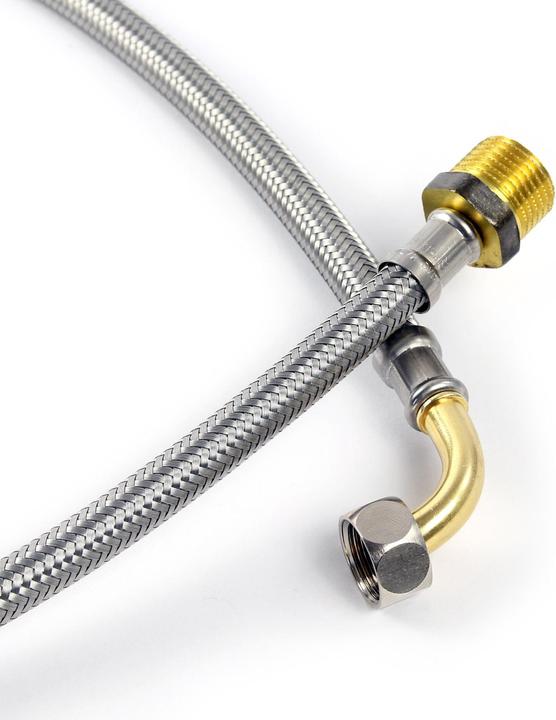 Actual product image XPOtool 300mm Flexible Hose DN8 3/8" UN Elbow (14.95mm) and 1/2" Male Thread (20.95mm) Armoured Ho