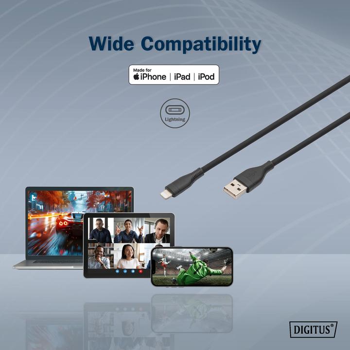 Produktbild Digitus Lightning Silikon Anschlusskabel, USB-A - Lightning 0,5m, schwarz (0.50 m, USB 2.0)