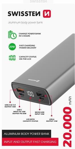 Produktbild Swissten POWER BANK 20000 mAh 20W Power Delivery GREY (20000 mAh, 20 W, 74 Wh)