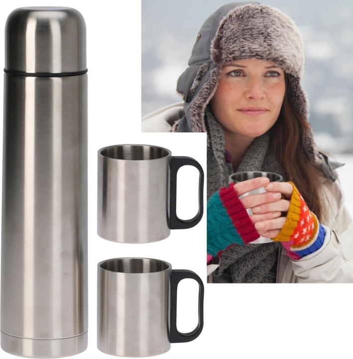 Actual product image Koopman Stainless steel vacuum jug, 1 litre, with 2 double-walled thermo mugs, 180 ml each (1 l)