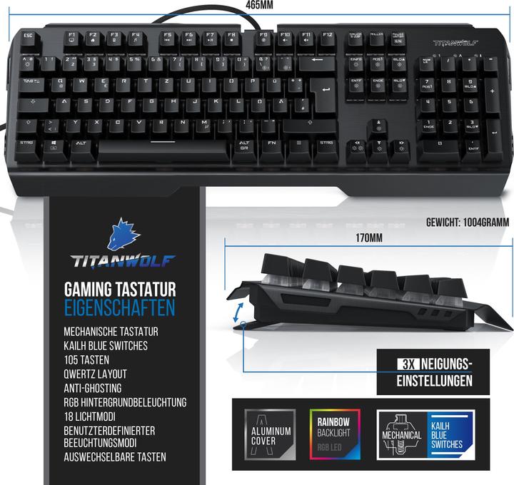 Actual product image Titanwolf Mechanical Keyboard, Mouse & Mouse Pad Gaming Bundle (DE, Cable)