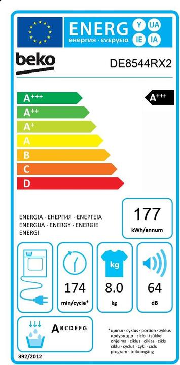 Energie-Label Beko DE8544RX2 Wäschetrockner Freistehend Frontlader A+++ (8 kg, Rechts)