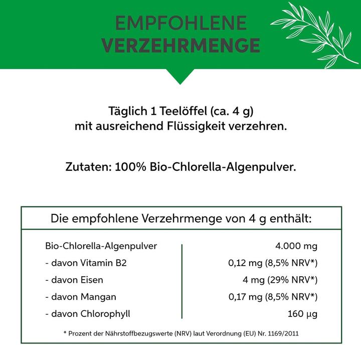 Nährwerte und Zutaten Eltabia Bio Chlorella Pulver | Premium Rohkost-Qualität | 100% reines Algen-Pulver ohne Zusätz (Pulver, 100 g)