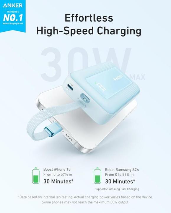 Produktbild Anker - Power Bank Zolo (A1688031) - Type-C, USB, 10000mAh, 30W, with Type-C Cable - Light Blue (10000 mAh, 30 W)