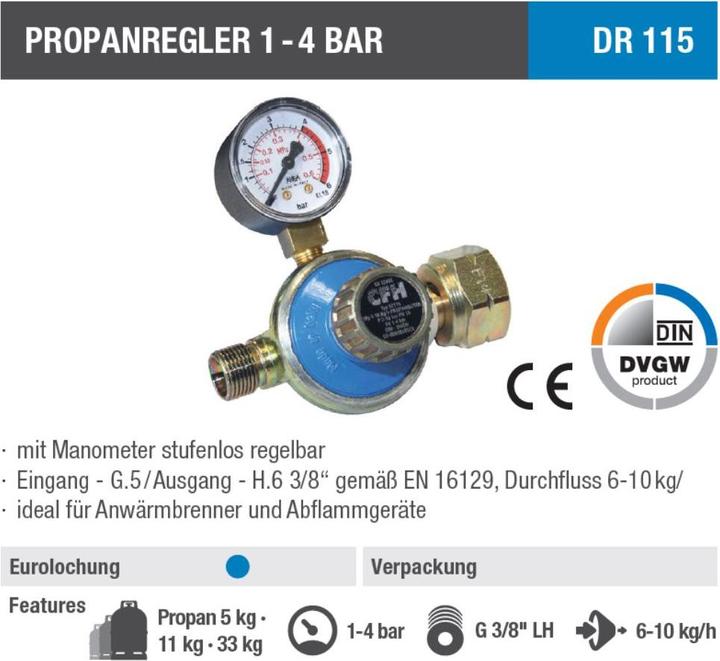 Actual product image CFH Propane regulator, with pressure gauge, 1-4 bar infinitely variable