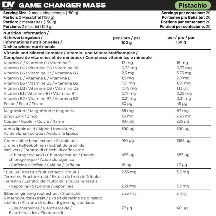 Nutritional values and ingredients DY Nutrition Game Changer Mass (Pistachio nut, 3000 g)