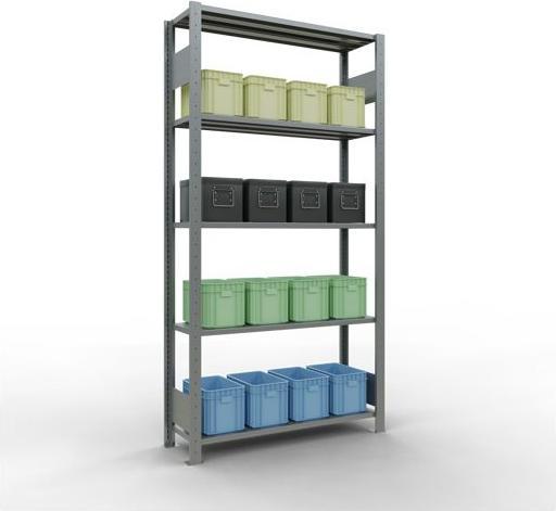 Sistema di scaffalature di base senza viti MULTIplus150 con ripiani di lunghezza