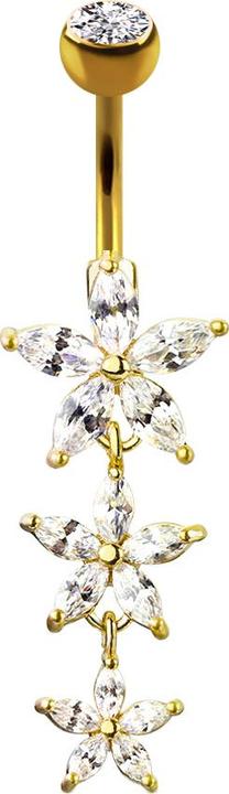 Star Piercing Banane 14k vergoldet mit Anhänger drei Kristallblumen (Chirurgenstahl 316L, Messing)