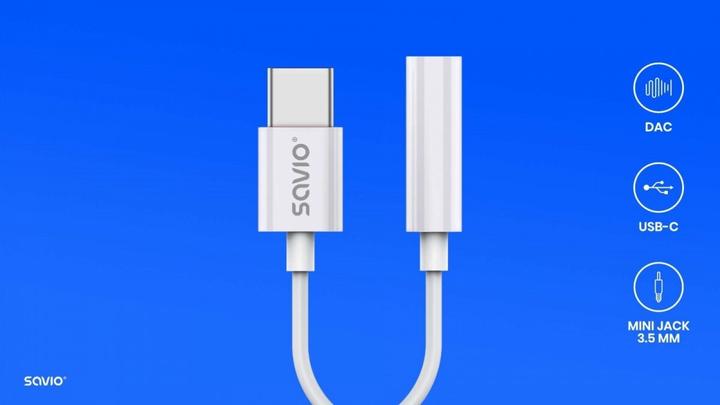 Image du produit Savio Adaptateur audio - USB type 3.1 C M - Prise jack 3,5 mm F - Blanc AK-51 (0.11 m, USB)