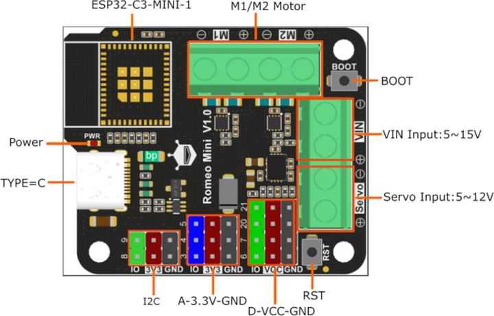 Image du produit DFRobot Carte de contrôle de robot ESP32-C3 Romeo avec pilote de moteur