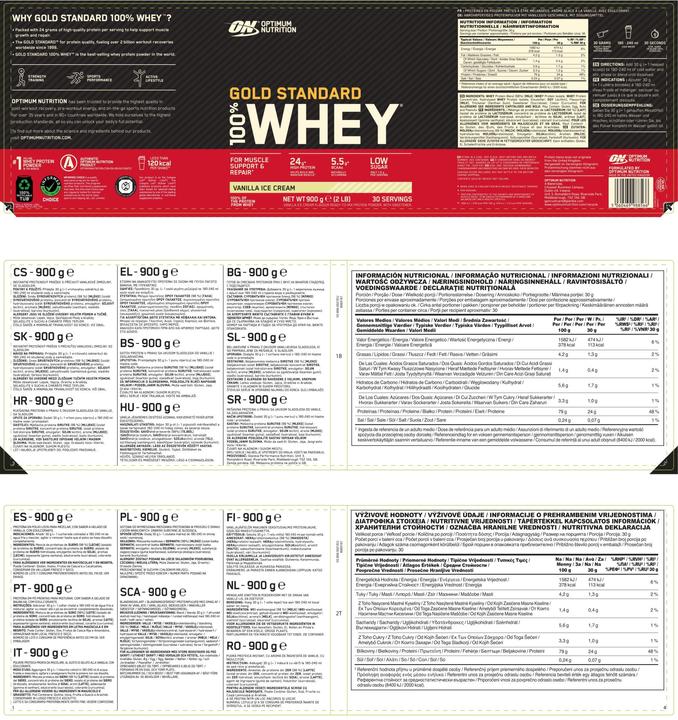Nutritional values and ingredients Optimum Nutrition Gold Standard 100% Whey (Vanilla, 1 pcs., 4530 g)