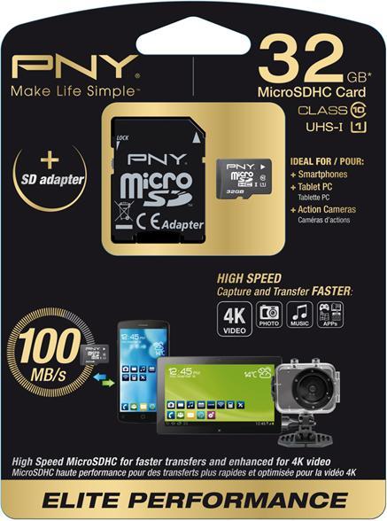 Produktbild PNY microSDHC Card 32GB,, UHS-I Elite-Perf (32 GB, microSDHC, U1, UHS-I)