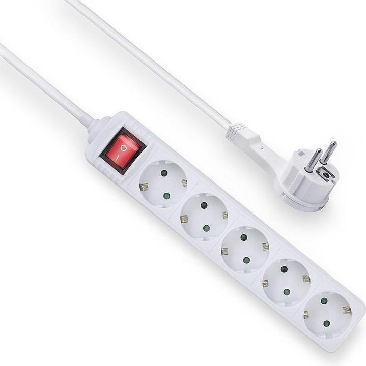 Power strip with illuminated switch and flat plug, 5 sockets, 1.5 m, white (5 x, CEE 7/3, 1.50 m)