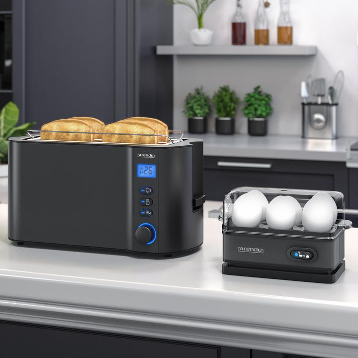 Actual product image Arendo Breakfast set, 4-slice long slot toaster with bun rack & egg cooker for 6 eggs, black