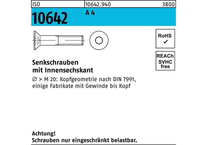 Immagine prodotto Vite a testa svasata ISO 10642 ad esagono cavo M 4 x 25 A 4 (500 Viti per pezzo)