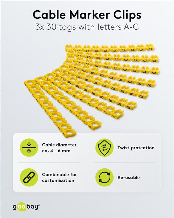 Image du produit Goobay Clips de repérage de câbles "Lettres A-C", pour les câbles de diamètre inférieur à 6 mm, 6 mm