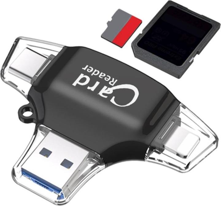 Produktbild Apfelkiste 4in1 Mini-Kartenleser für SD/MicroSD – Lightning, USB C & Micro USB (Schwarz)