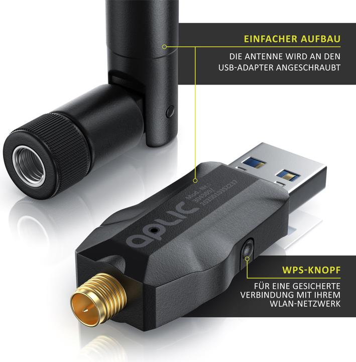 Immagine prodotto Aplic Chiavetta WLAN, adattatore WIFI 1200MBit/s, 2.4Ghz + 5Ghz dual band, antenna esterna 5 dBi, dongle (USB-C 3.2 Gen 1)