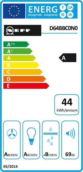 Label énergétique Neff DBBC640N Fixé au mur Acier inoxydable ³/h A (Hotte murale)