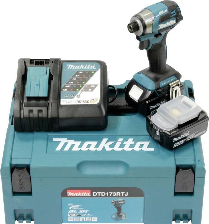 Produktbild Shots Makita DTD 173 RTJ Akku Schlagschrauber 18 V 180 Nm 1/4“ Brushless + 2x Akku 5,0 Ah + Ladegerät + (Akkubetrieb)