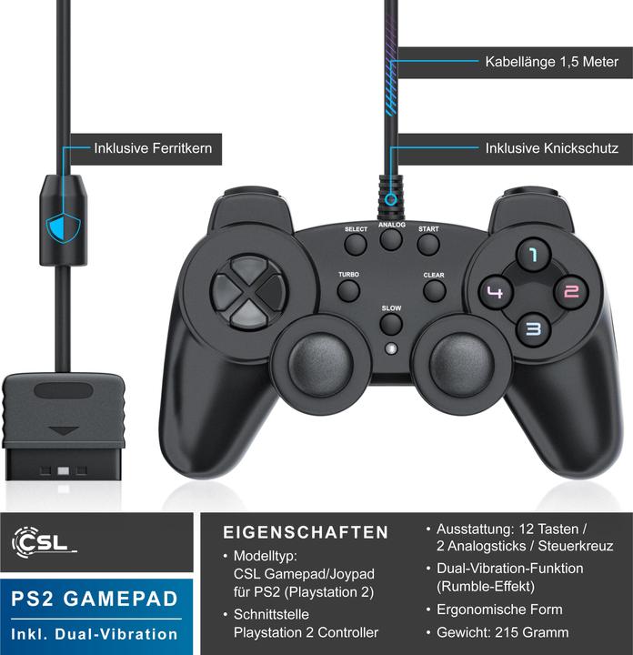 Image du produit CSL 2x PlayStation Controller, PS2 Gamepad avec double vibration (effet Rumble), précision & confort (PS2)