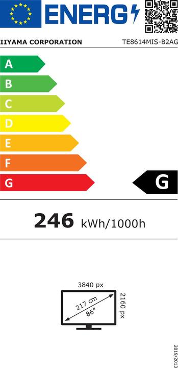 Etichetta energetica iiyama PANNELLO VA DA 85,6 POLLICI ANTIRIFLESSO A 50 PUNTI 3840X2160 6,5MS 435CD/M2 (3840 x 2160 pixel, 86")