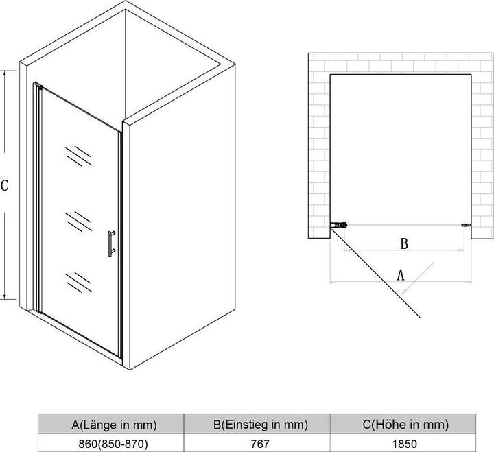 Immagine prodotto SONNI Duschtr H?ngetr Duschwand Drehtr ohne Rahmen, NANO Glas 86x185 cm (86 cm, 86 cm, 185 cm)