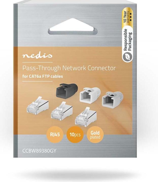 Actual product image Nedis CCBW89380GY RJ45 plug RJ45 Pass Through Fixed/Split FTP CAT6a Straight Gold-plated 10 pcs. (F/FTP, CAT6a, 0.04 m)