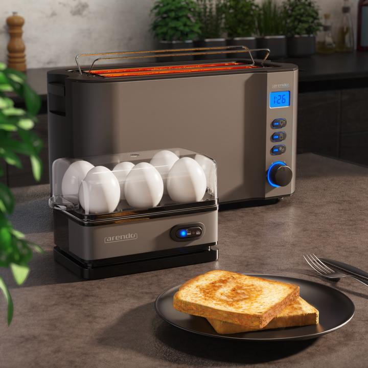 Actual product image Arendo Breakfast set, 4 slice long slot toaster with bun rack & egg cooker for 6 eggs, grey