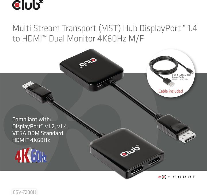 Actual product image Club 3D Club3D Multi Streaming Transport Hub 1xDP->2xHDMI (Micro USB, 20 cm)