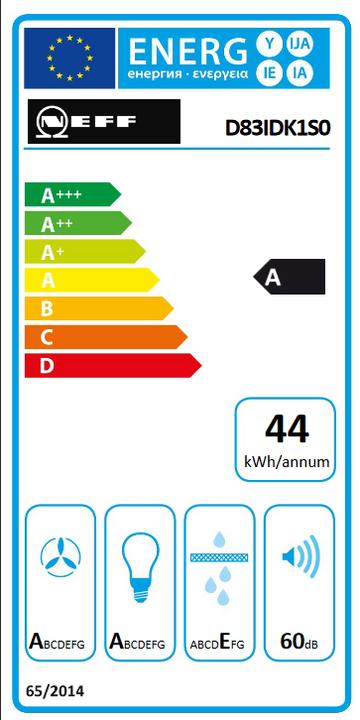 Label énergétique Neff N 30, lavabo mural, 80 cm, verre clair imprimé noir, D83IDK1S0 (Hotte murale)