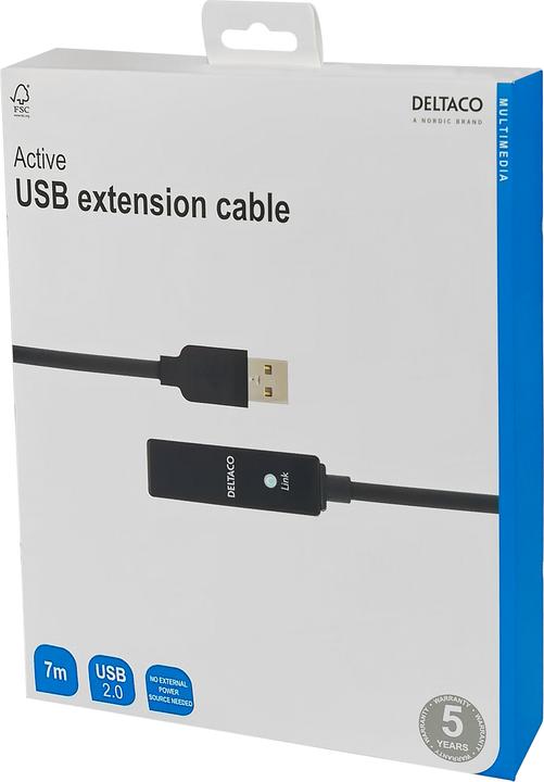 Produktbild Deltaco PRIME USB extension cable, active, USB 2.0, 7m, black (7 m, USB 2.0)