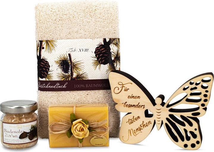 ZNatur Geschenkset Zirben Holz Schmetterling Gravur Lieber Mensch & Badesalz Tuch Seife No.26 (Körperpflegeset)