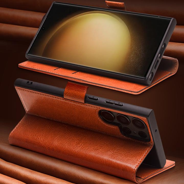 Actual product image QiAlino Hülle Flip mit magnetischem Verschluss Dunkelbraun (Samsung Galaxy S25+)