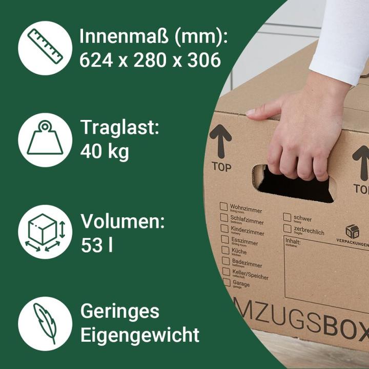 Produktbild BB Umzugskarton Zügelkarton Komplettset (für 2 bis 3-Zimmer-Wohnung bis zu einer Grösse von ca. 75 m (62.5 x 28 x 31 cm, 53 l)