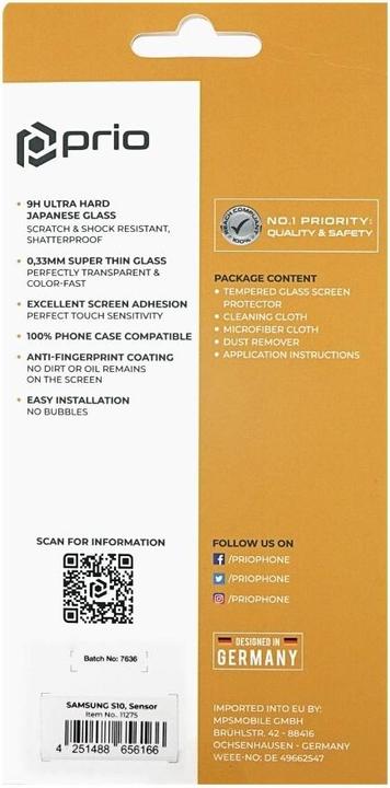 Immagine prodotto prio Vetro temperato 3D per Samsung S10, con sensore di vetro nero (1 Pezzo/i, Samsung Galaxy S10)