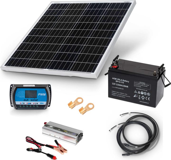 Autosolar Solaranlage-Starterpaket 100W Solaranlage mit 110Ah AGM-Batterie und 1500W Wechselrichter (100 W)