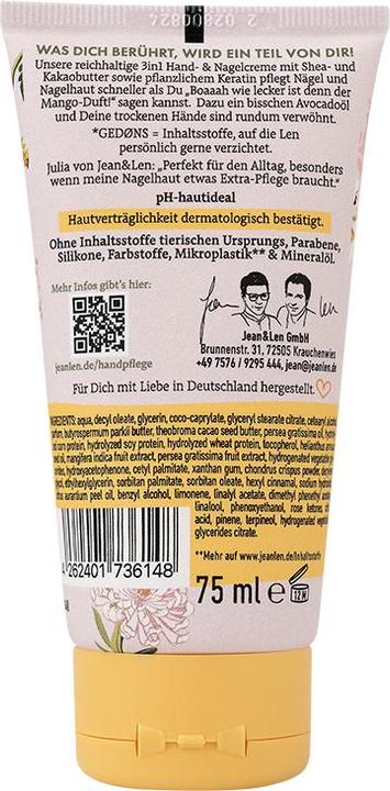 Nutritional values and ingredients Jean & Len Jean&Len kätekreem mango ja avokaado 75 ml (75 ml)