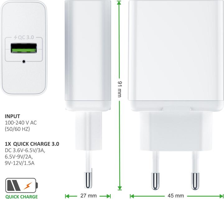Produktbild Aplic USB Ladegerät 3000 mA, Netzteil mit Schnellladefunktion, Quick Charge 3.0, Smart Charge, weiss (18 W)